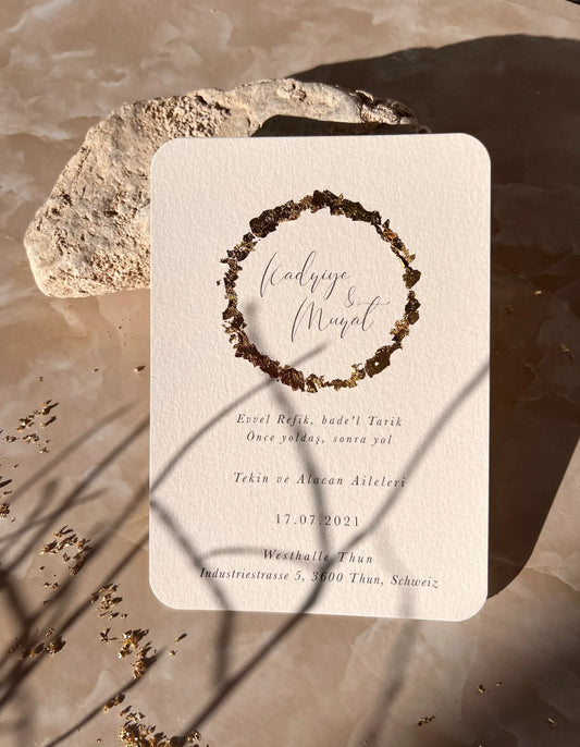 Einladung mit Blattgold, runde Ecken, Geburtstag oder Hochzeit