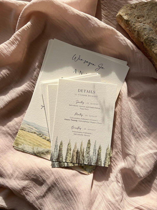 Hochzeitseinladung mit Aquarellzeichnung Landschaft Din a5 Set