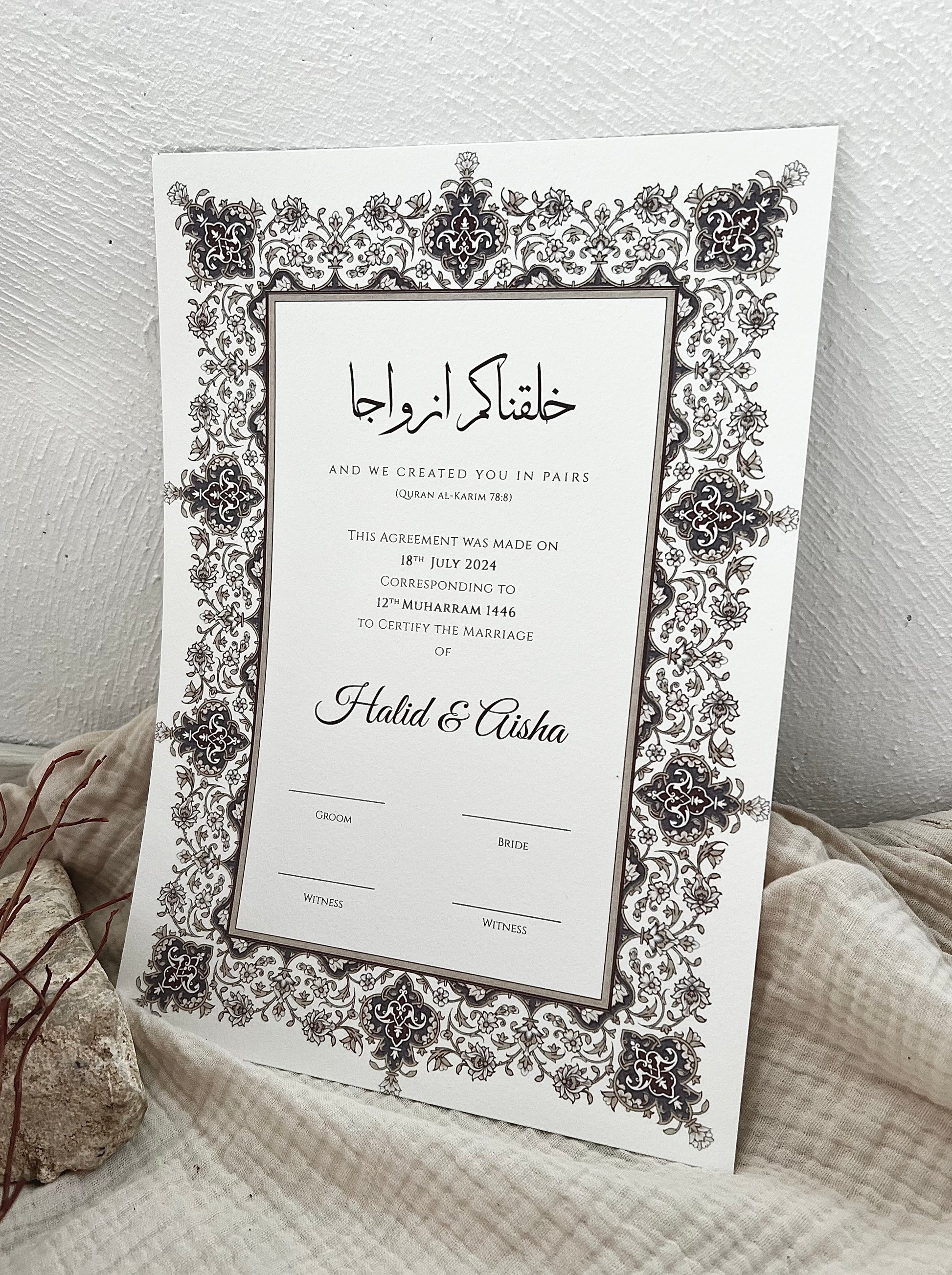 Nikkah Zertifikat, Heiratsurkunde für islamische Trauung