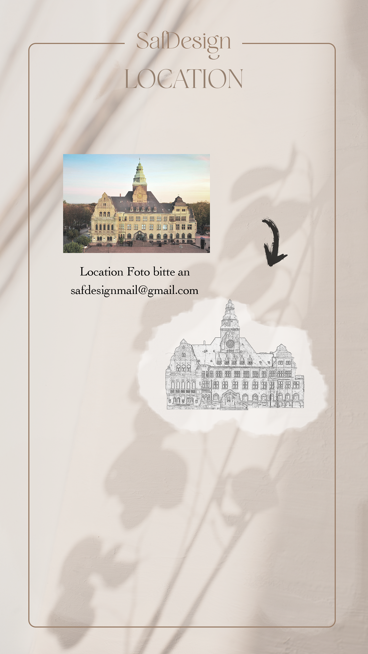 Hochzeitseinladung Location Skizze auf Büttenpapier