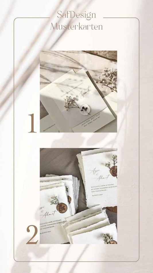 Hochzeitseinladungen Musterkarten mit Trockenblumen, Siegelwachs und handgeschöpftem Papier