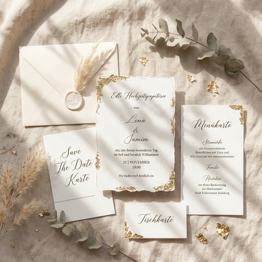 Büttenpapier Einladung zur Hochzeit mit Blattgold als Set