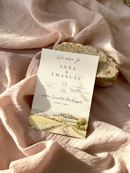 Hochzeitseinladung mit Aquarellzeichnung Landschaft Din a5 Set