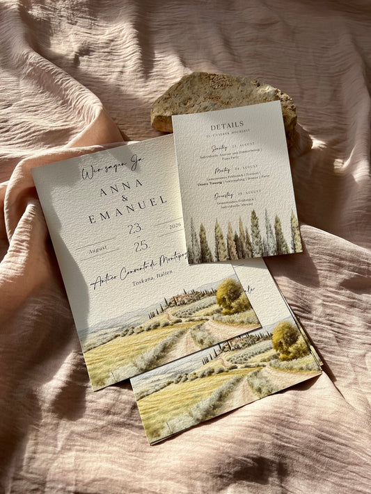 Hochzeitseinladung mit Aquarellzeichnung Landschaft Din a5 Set