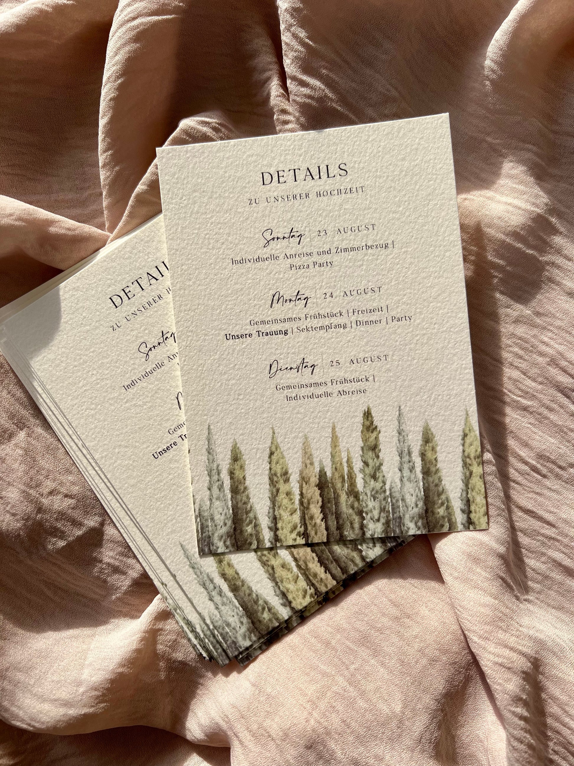 Hochzeitseinladung mit Aquarellzeichnung Landschaft Din A6 Detailkarte