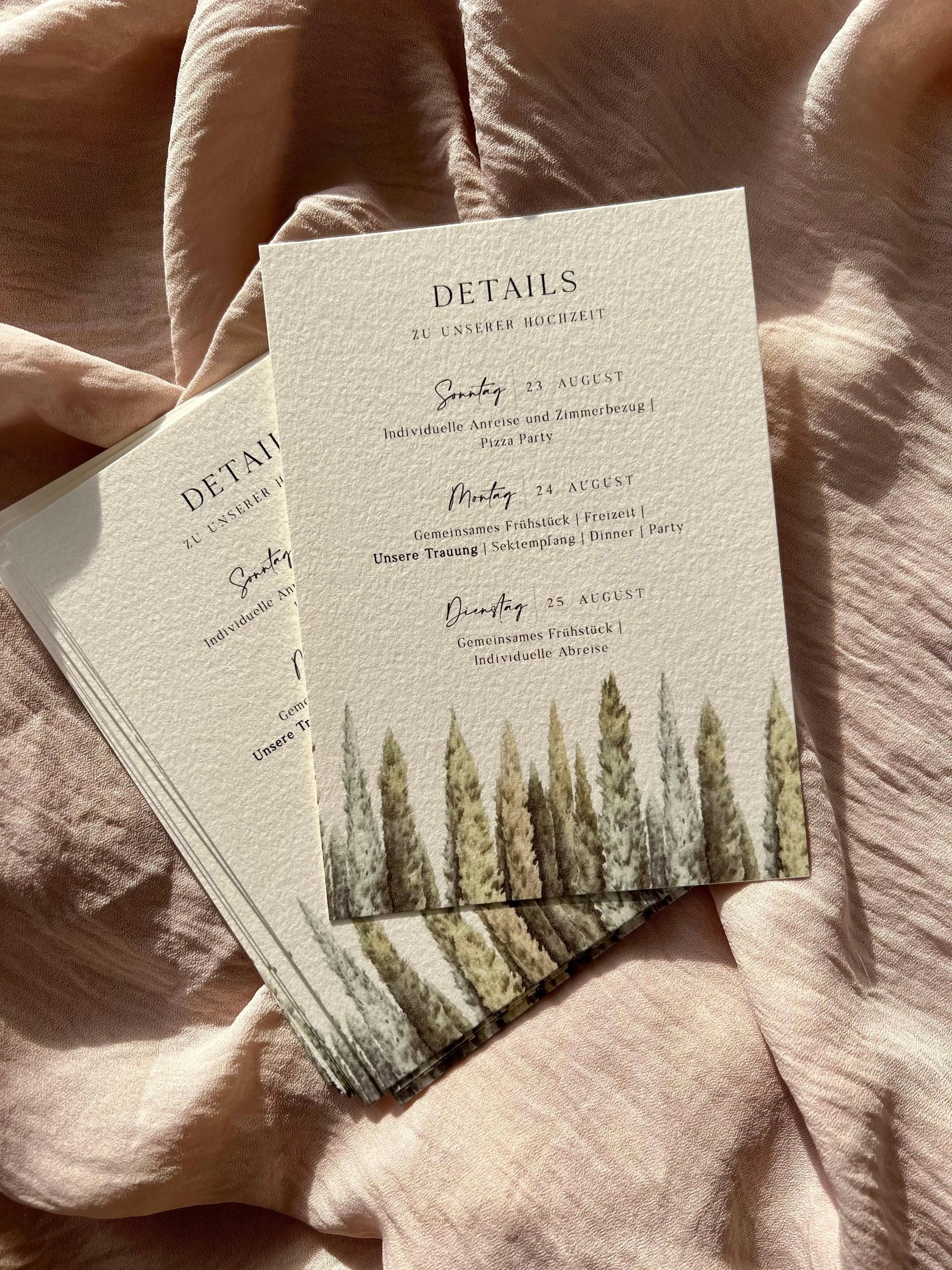Hochzeitseinladung mit Aquarellzeichnung Landschaft Din A6 Detailkarte