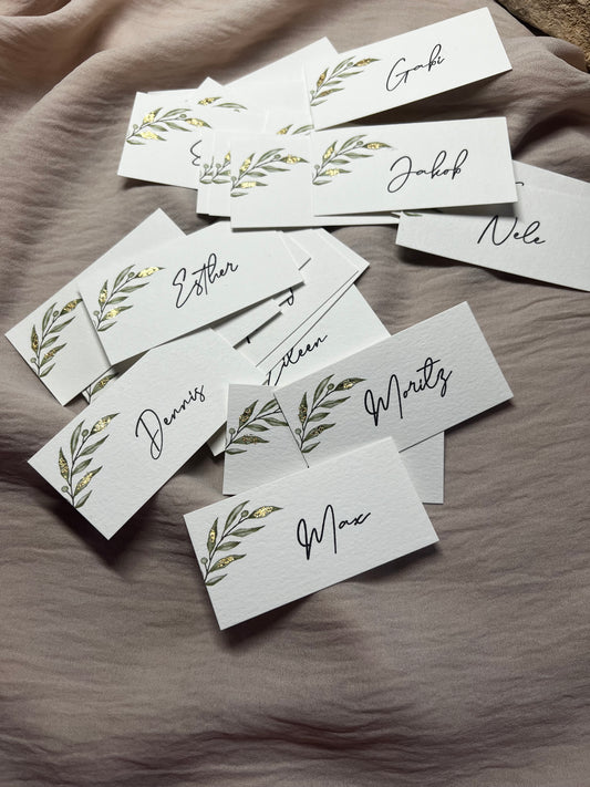 Cartes de visite marque-places feuille d'or I mariage