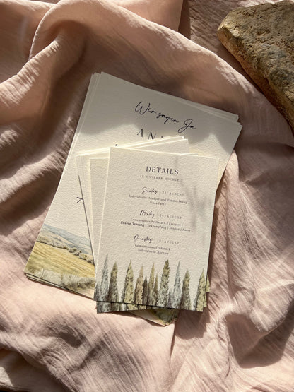 Hochzeitseinladung mit Aquarellzeichnung Landschaft Din a5 Set