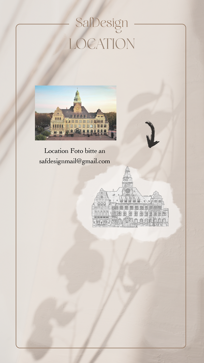 Hochzeitseinladung Location Skizze auf Büttenpapier