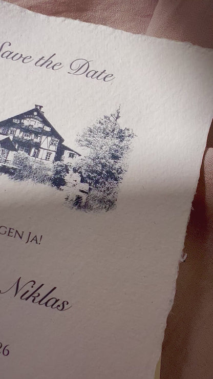 Hochzeitseinladung Location Skizze auf Büttenpapier