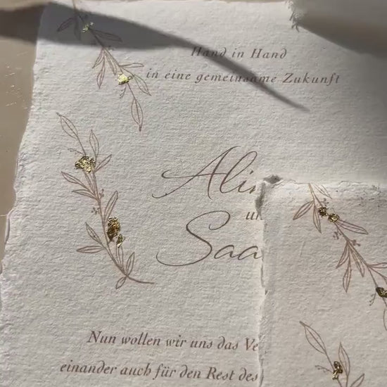 Handmade Cotton Paper DIN A6 I Büttenpapier Einladung mit Blattgold I Hochzeit I Standesamt I Save the Date