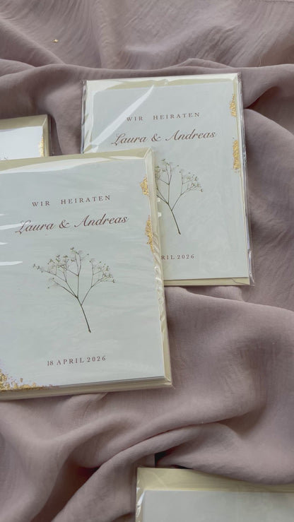 Einladungskarte Hochzeit mit Schleierkraut Print und Blattgold