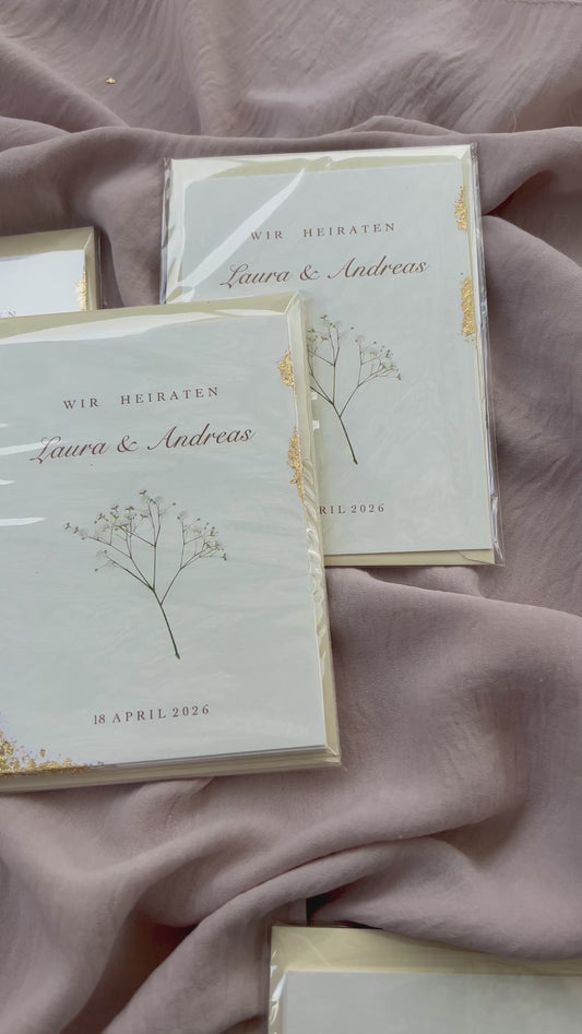 Einladungskarte Hochzeit mit Schleierkraut Print und Blattgold