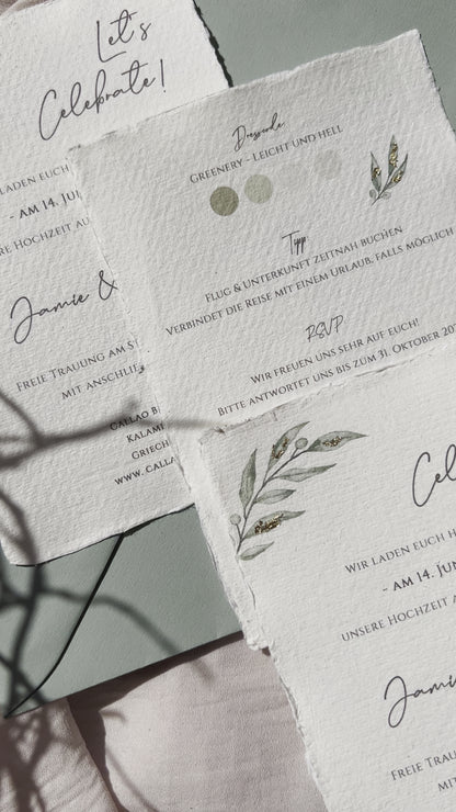 Hochzeitseinladung auf Büttenpapier mit zarter Baumwollstruktur & aquarell Blumenzweig