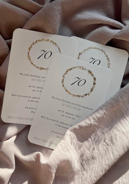 Einladung mit Blattgold, runde Ecken, Geburtstag oder Hochzeit