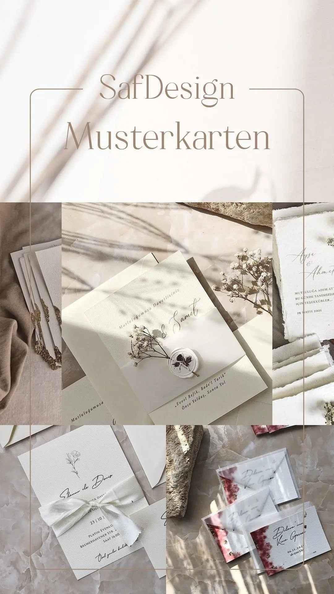 Elegante Musterkarten für Hochzeitseinladungen mit Trockenblumen und edlem Büttenpapier.