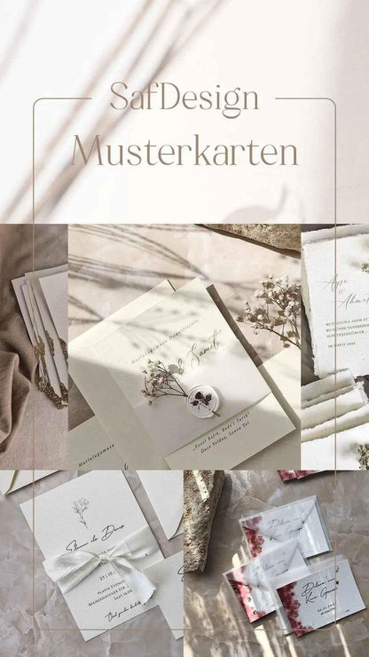 Elegante Musterkarten für Hochzeitseinladungen mit Trockenblumen und edlem Büttenpapier.