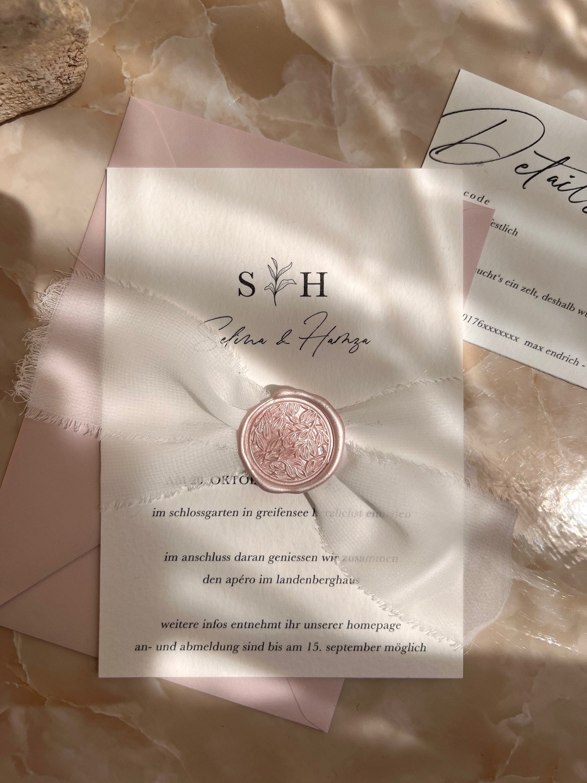 Pink Blush Einladungsset Karte DIN A6 mit versiegeltem Seidenband und Kuvert I Hochzeit