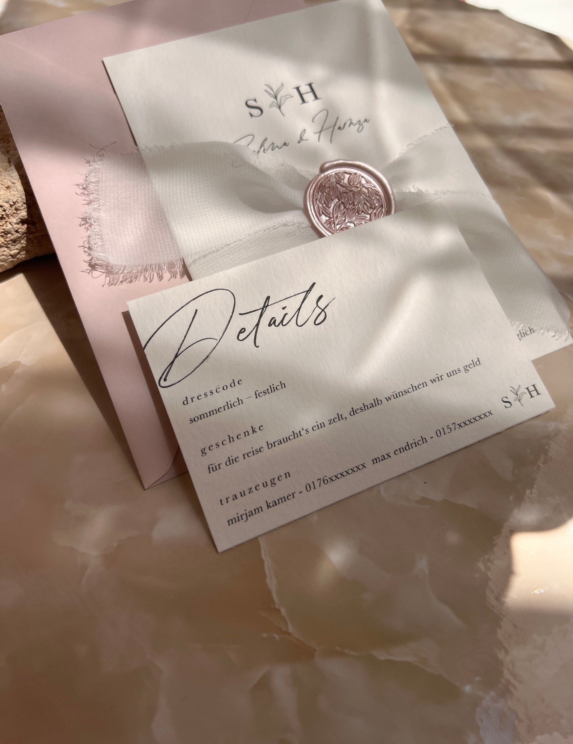 Pink Blush Einladungsset Karte DIN A6 mit versiegeltem Seidenband und Kuvert I Hochzeit