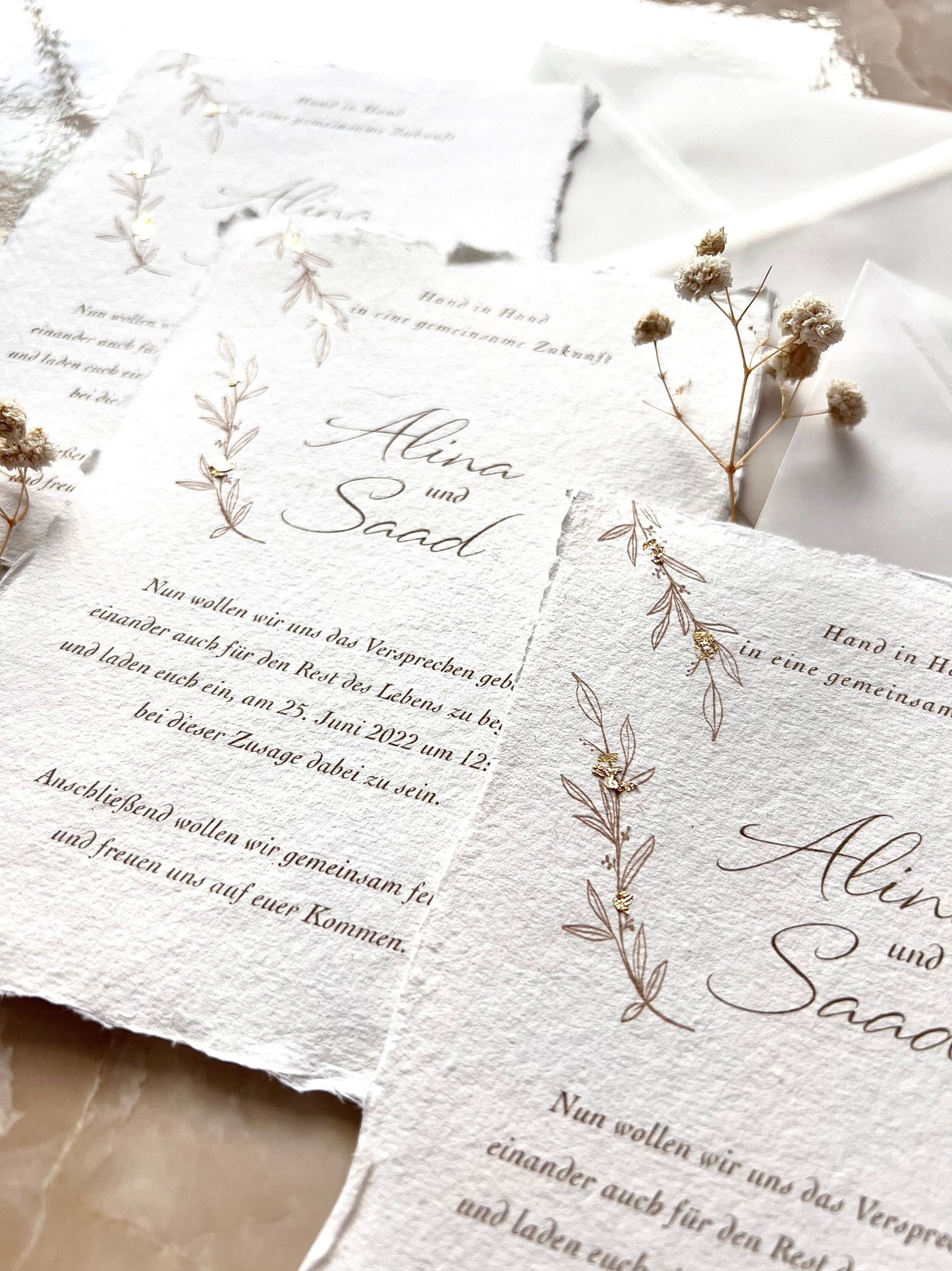 Handmade Cotton Paper DIN A6 I Büttenpapier Einladung mit Blattgold I Hochzeit I Standesamt I Save the Date